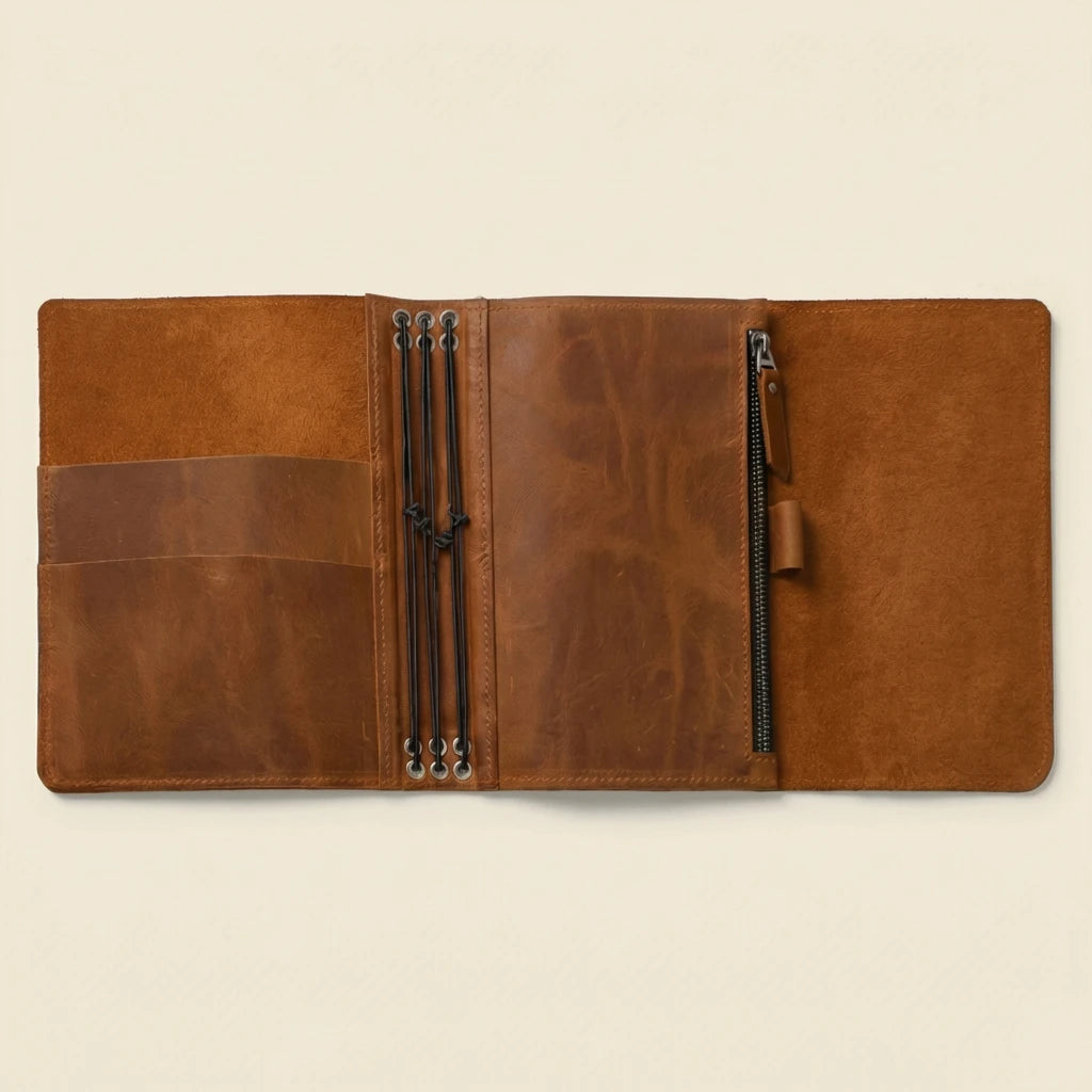 Brown leather journal on a beige background