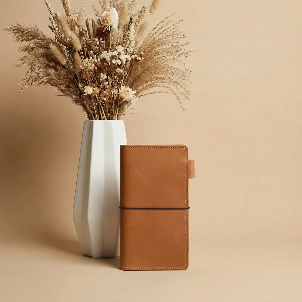 Brown leather notebook next to a white vase with dried flowers on a beige background