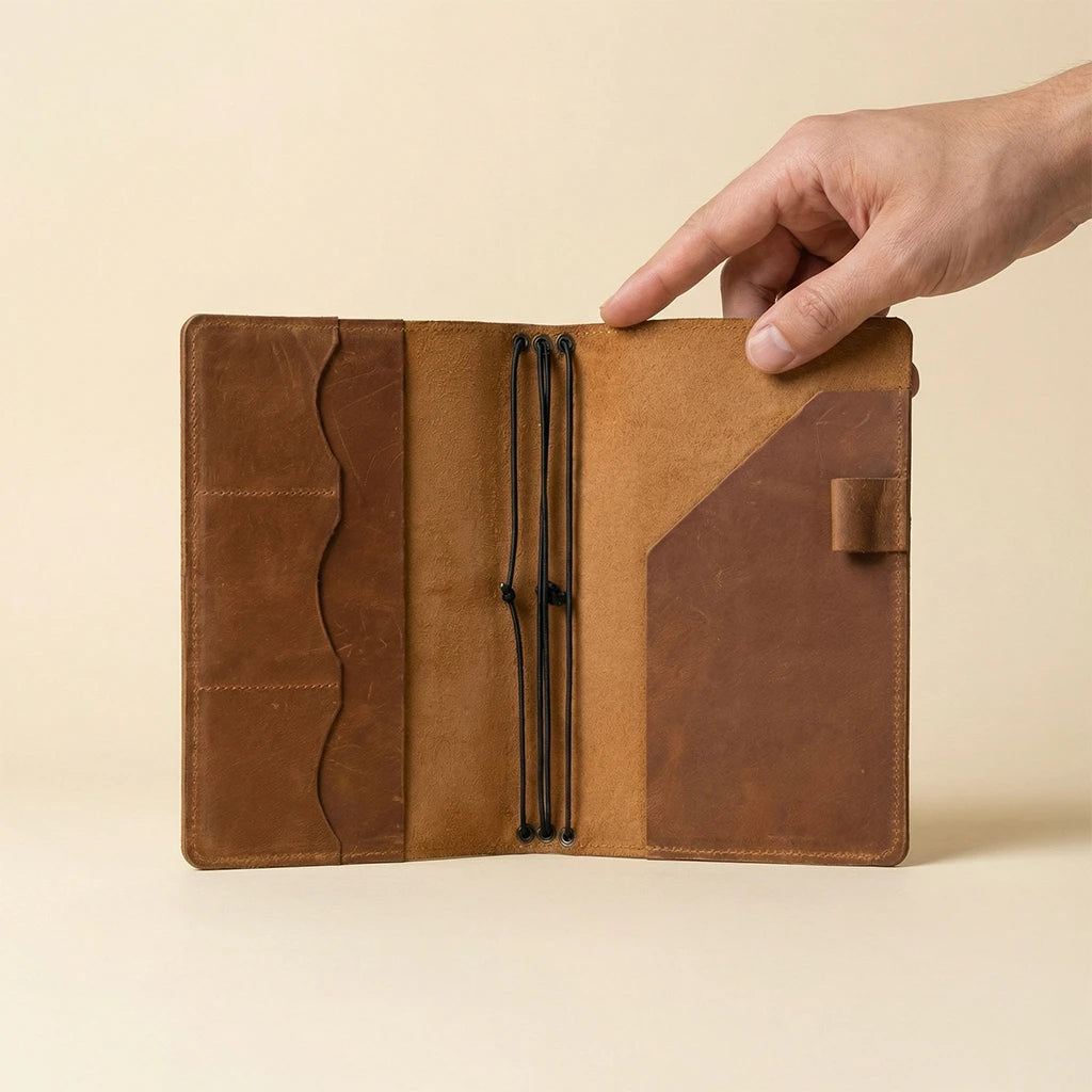 Brown leather journal held open by a hand on a beige background