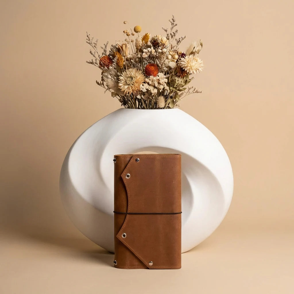 White vase with dried flowers on a beige background