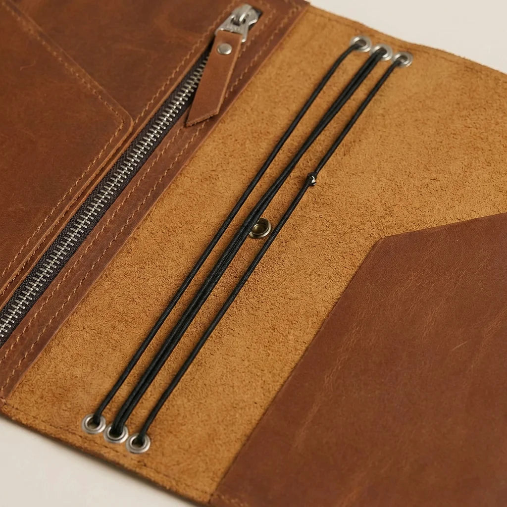 Brown leather journal with zipper and black strings on a beige background