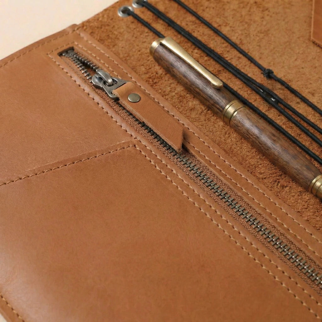 Brown leather pouch with a pen and fishing rod holder on a beige background
