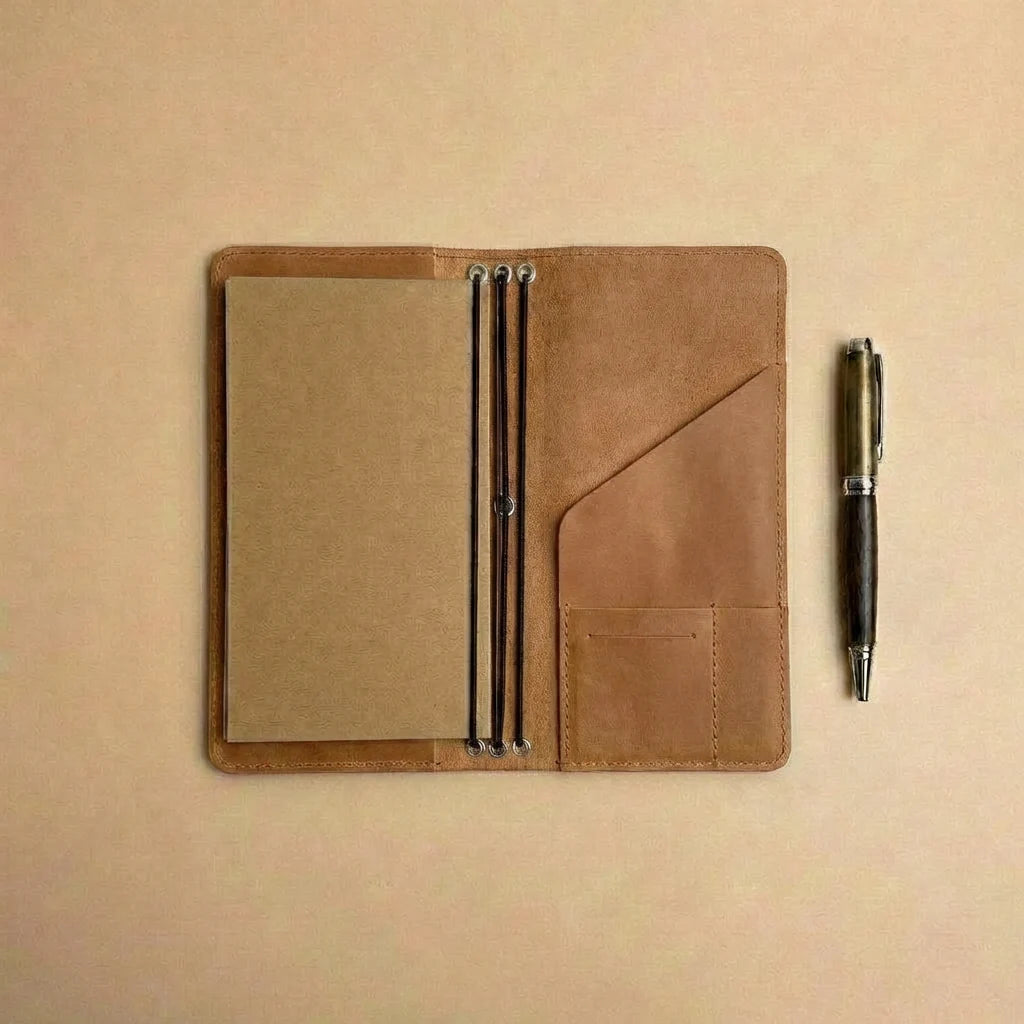 Brown leather notebook with pen holder and a pen on a beige background