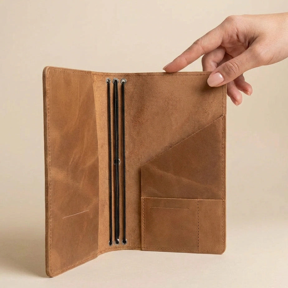 Brown leather wallet held open by a hand on a beige background