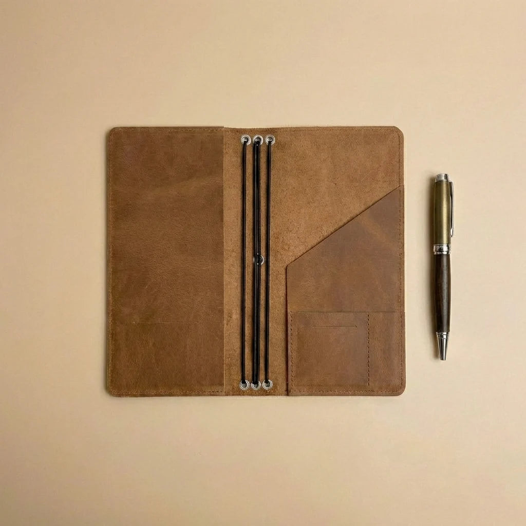 Brown leather notebook with pen holder and pen on a beige background