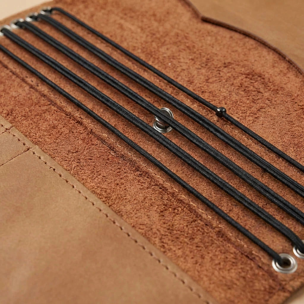 Close-up of a brown leather product with black strings and metal clasps.