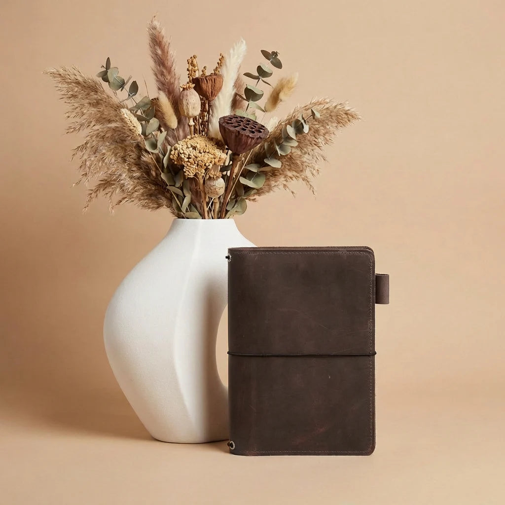 White vase with dried flowers next to a brown leather notebook on a beige background