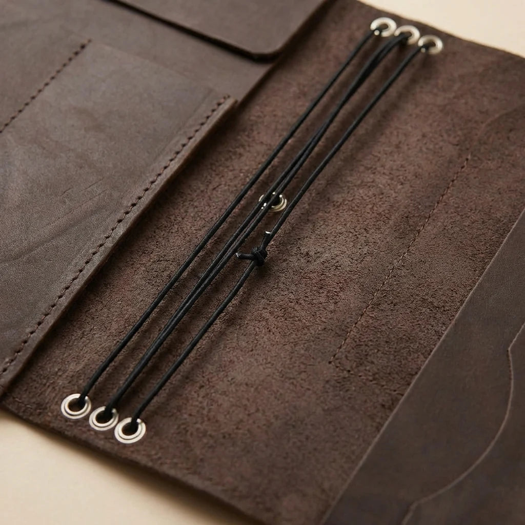 Close-up of a brown leather journal cover with black lanyards attached.