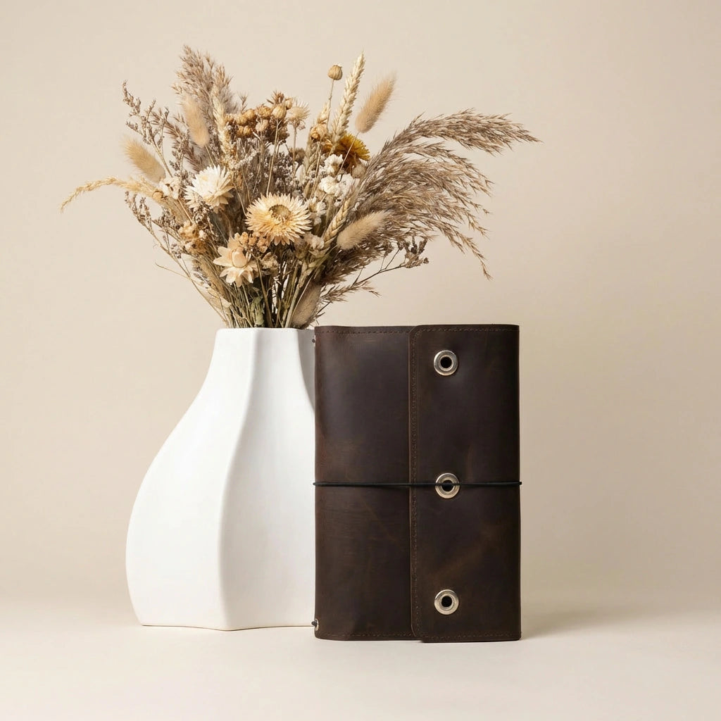 White vase with dried flowers next to a brown leather-bound notebook on a beige background