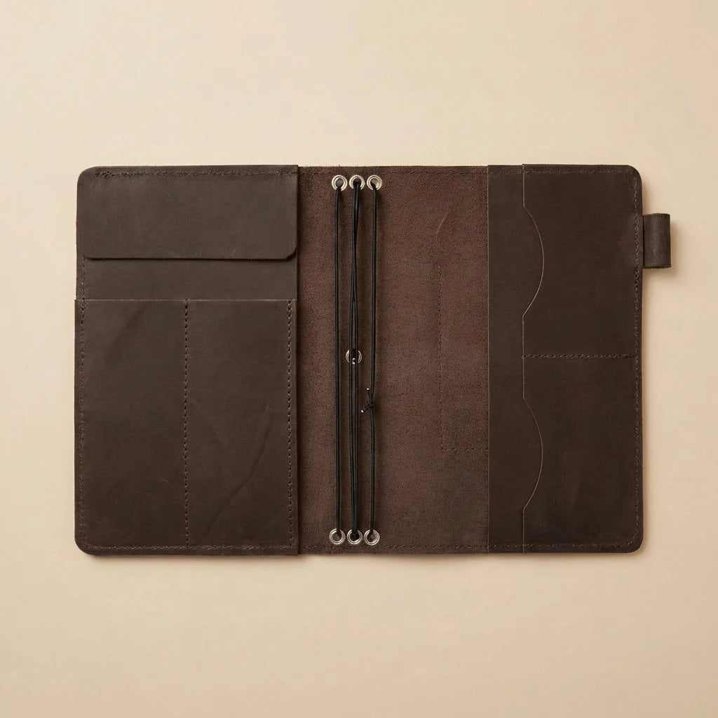Brown leather folio with zipper on a beige background