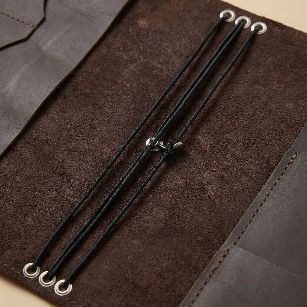 Three black leather straps with metal loops on a brown leather surface