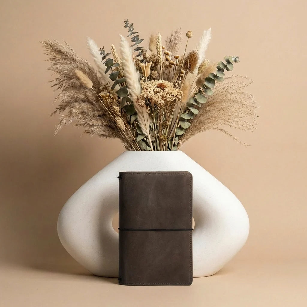 White vase with dried flowers and a brown leather notebook on a beige background