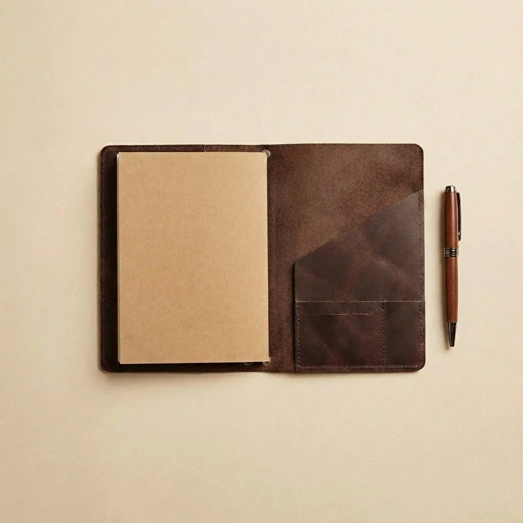 Brown leather notebook with a pen on a beige background