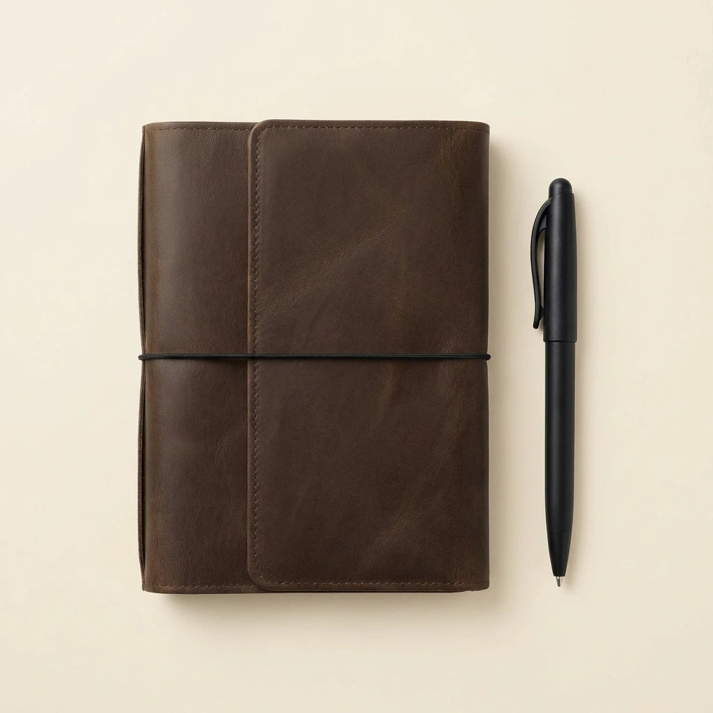 Brown leather notebook with a black pen on a beige background