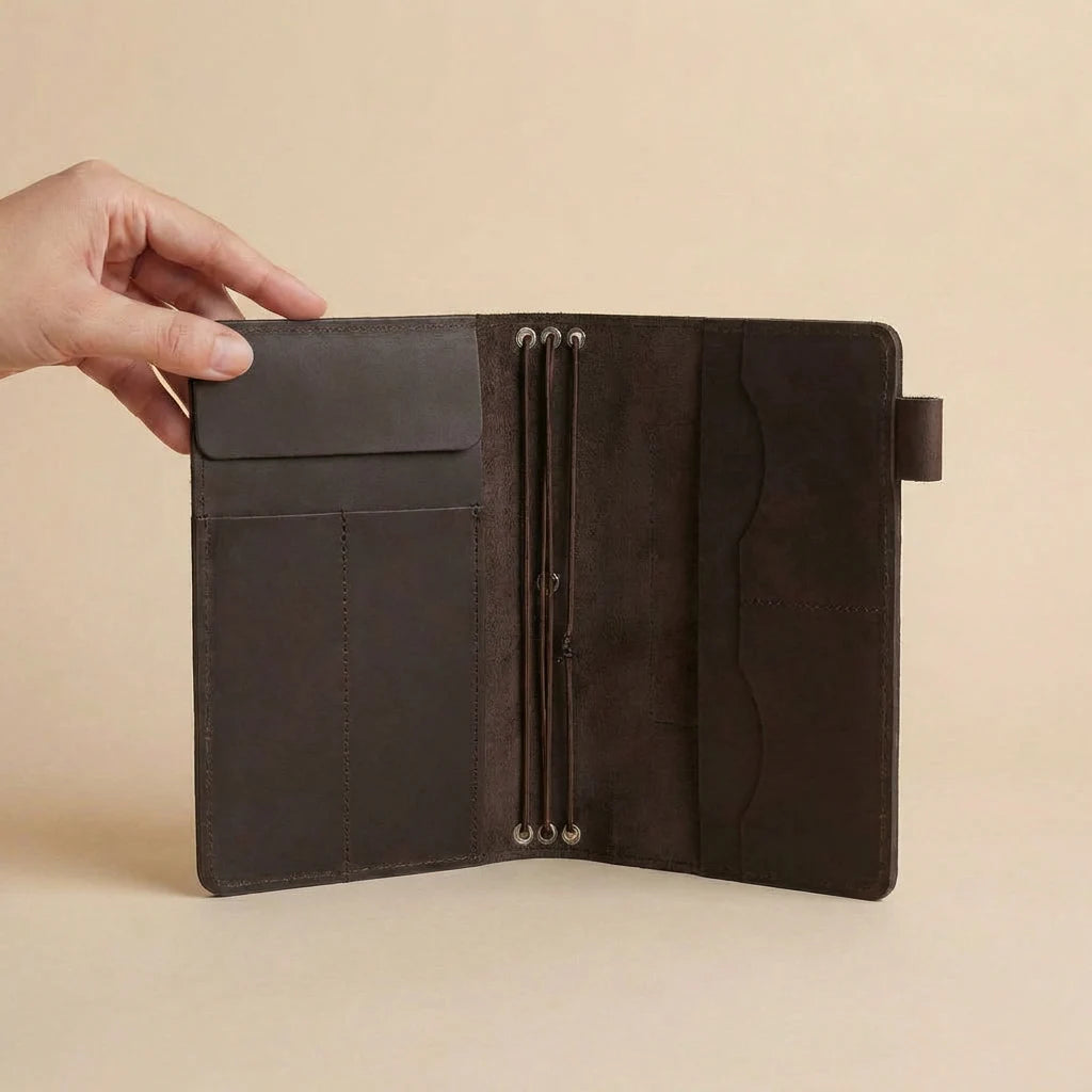 Brown leather journal cover held open by a hand on a beige background