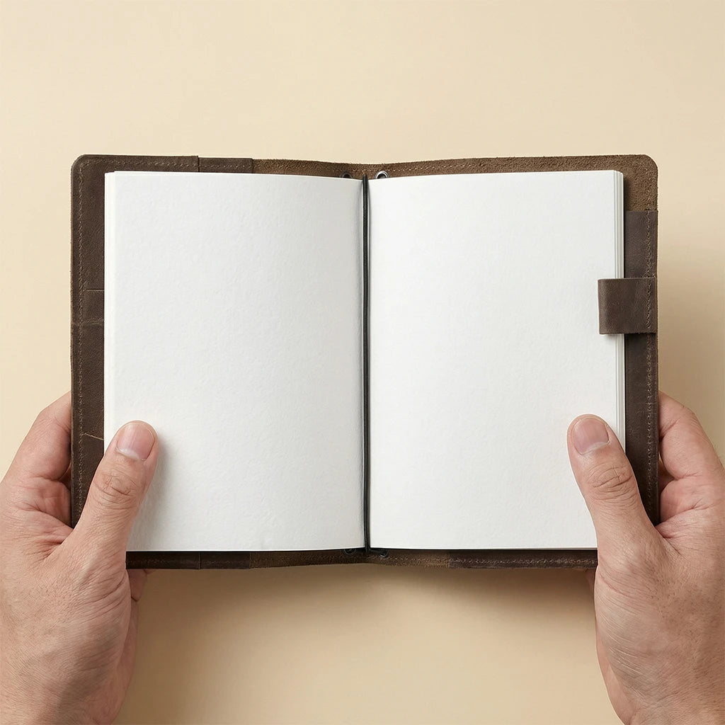 Open notebook held by hands against a beige background