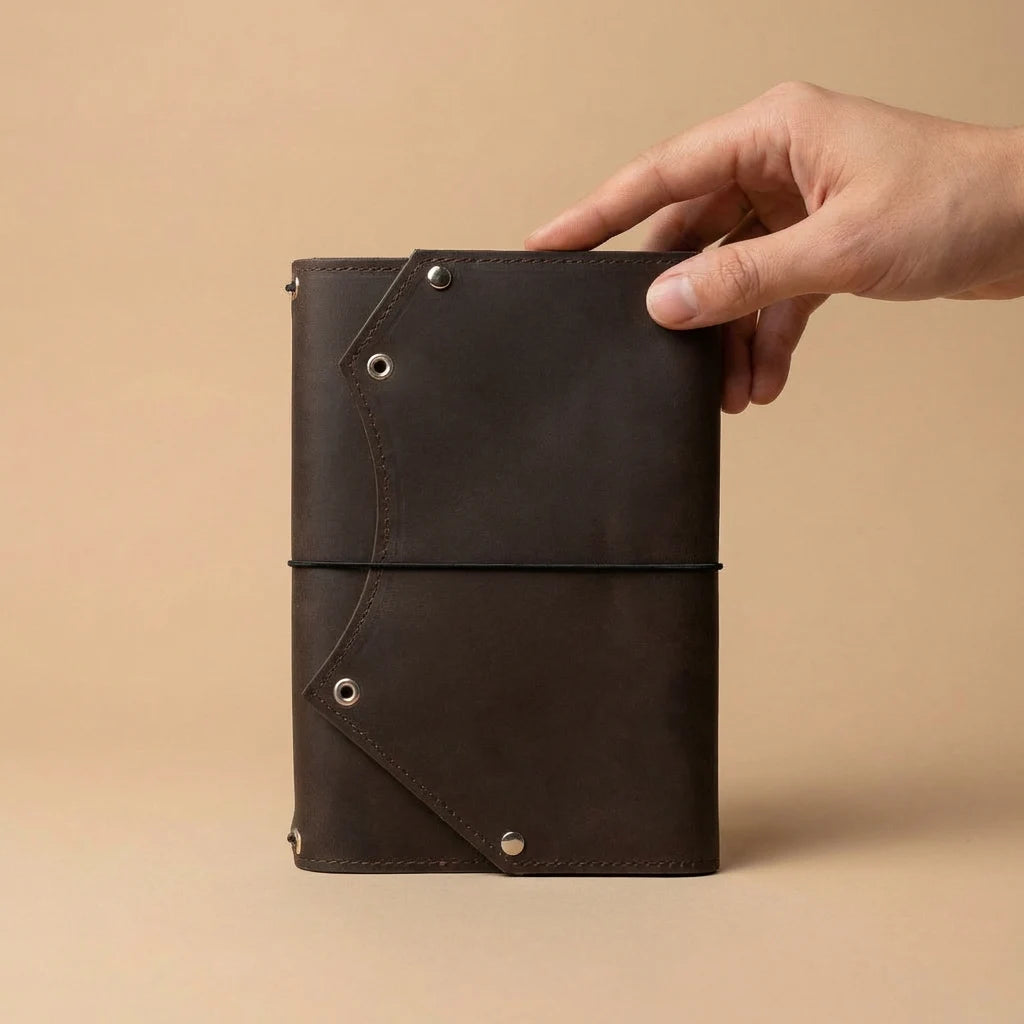 Hand holding a dark brown leather notebook against a beige background