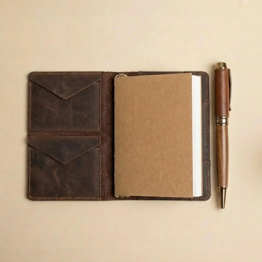 Brown leather notebook with a pen on a beige background