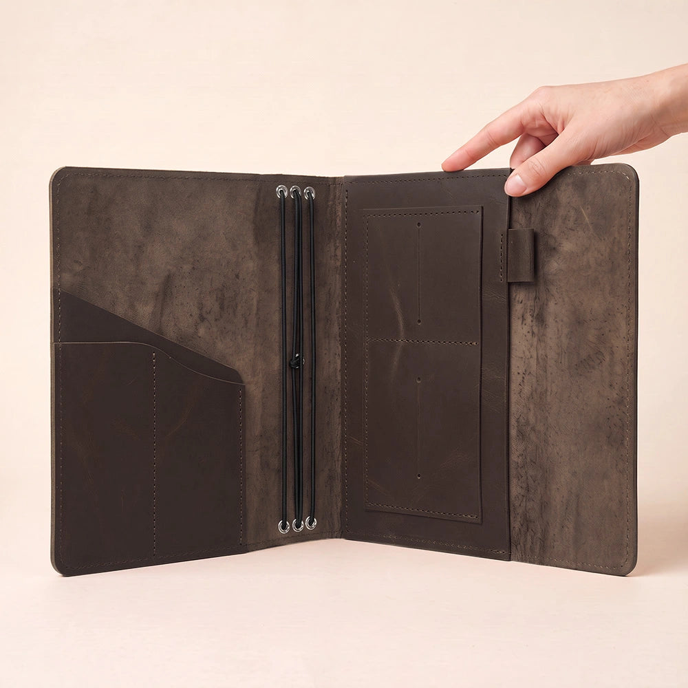 Premium leather planner organizer featuring practical document pockets and integrated pen strap.