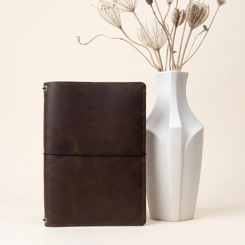 Leather notebook wrap offering triple elastic support for customizable paper sections.