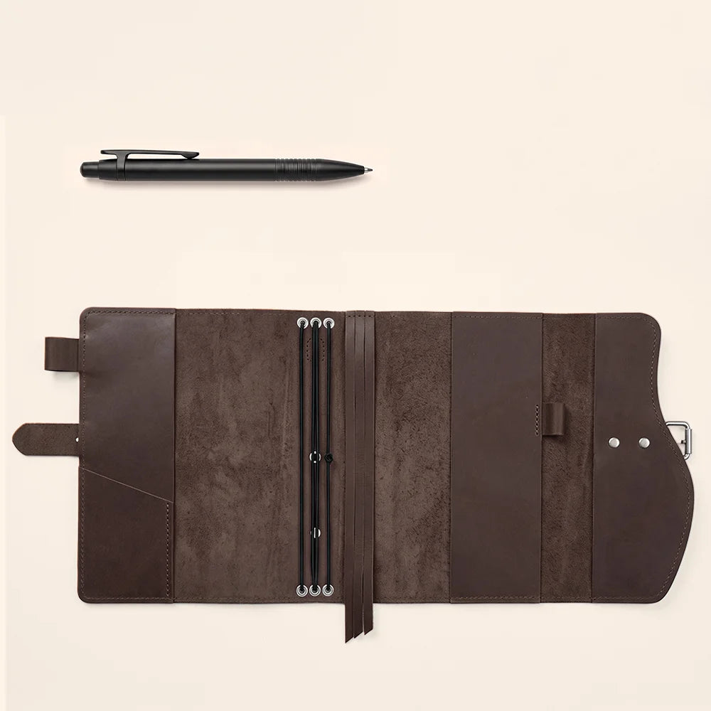 Natural leather notebook organizer featuring practical pockets, pen holder, built-in bookmark, and external carrying handle.