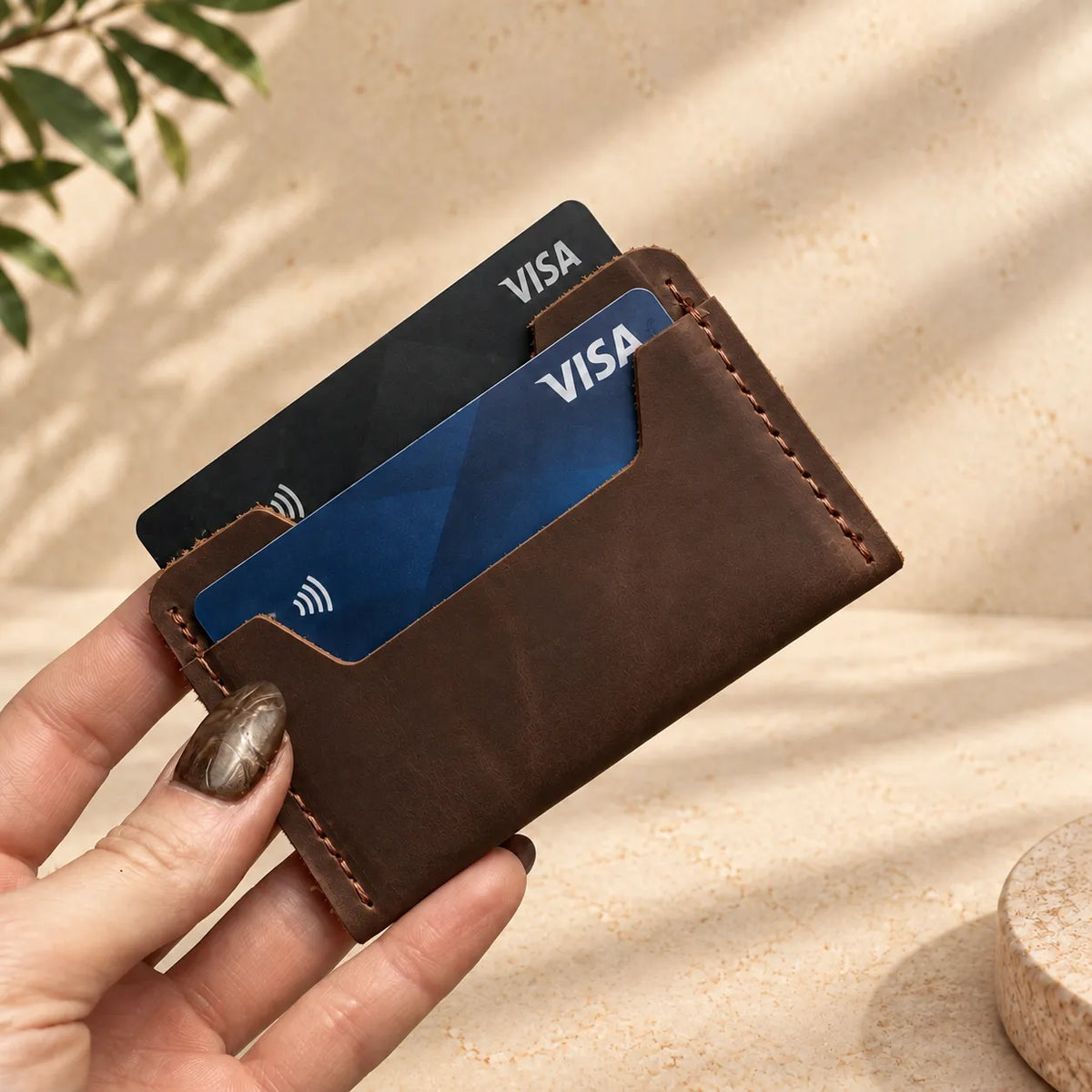 Minimalist leather wallet with two card storage compartments