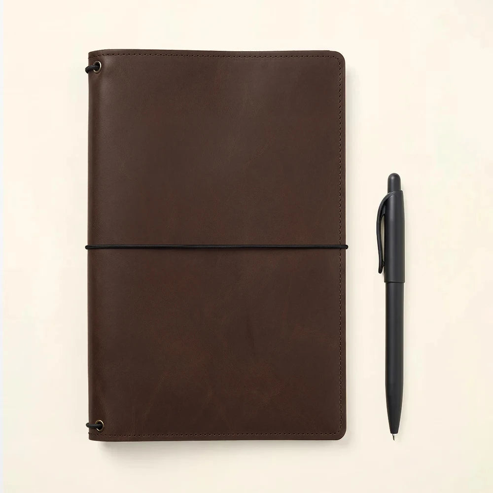 Leather notebook wrap with interior compartments and three elastic notebook attachment bands.