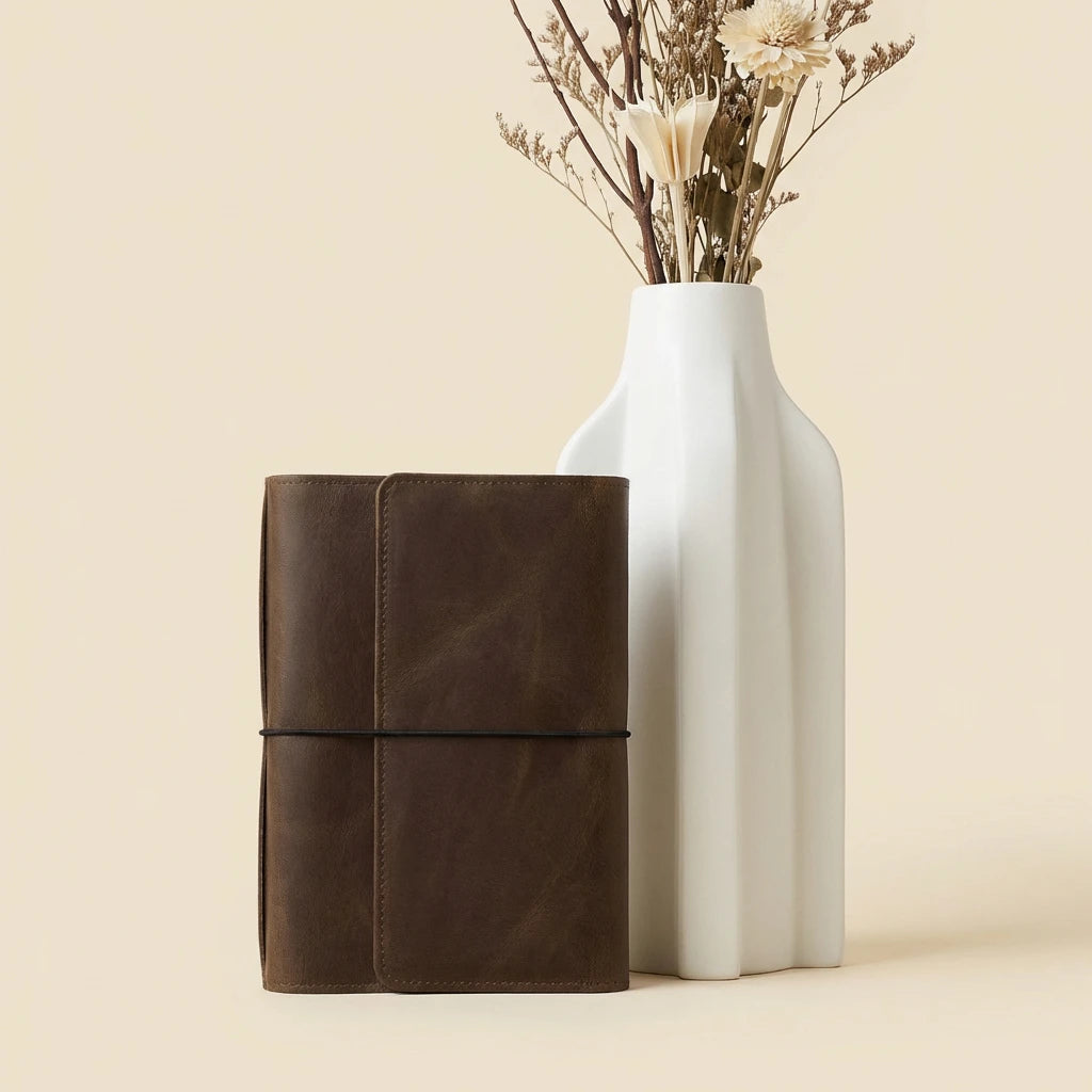 Brown leather notebook next to a white vase with dried flowers on a beige background