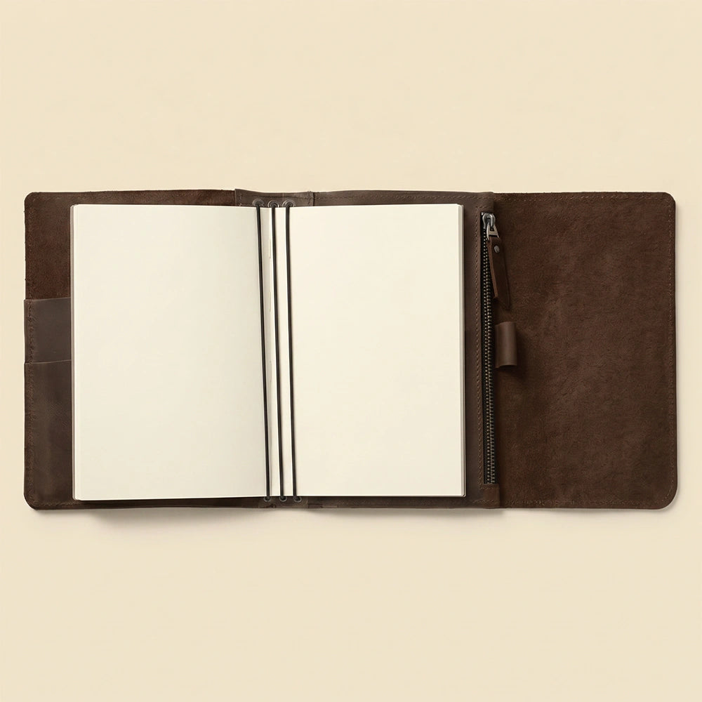 Leather notebook cover featuring organized compartments and elastic closures.