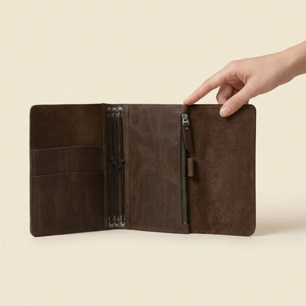 Brown leather journal with zippers held open by a hand on a beige background