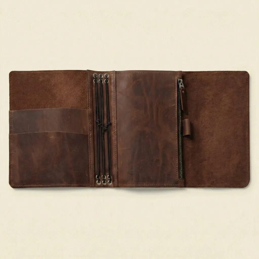 Handmade leather notebook holder with pen loop and card compartments.