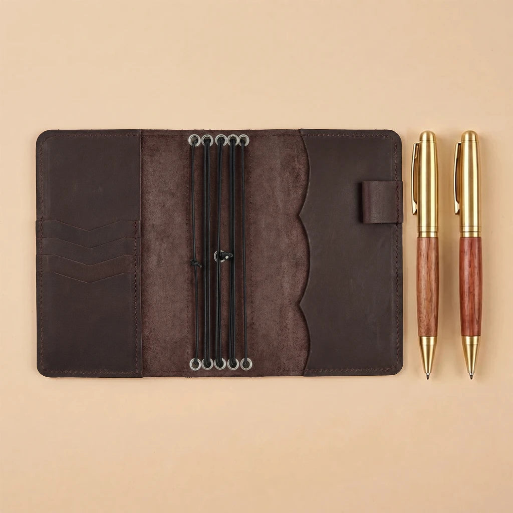 Refillable journal cover made from genuine leather with compartments