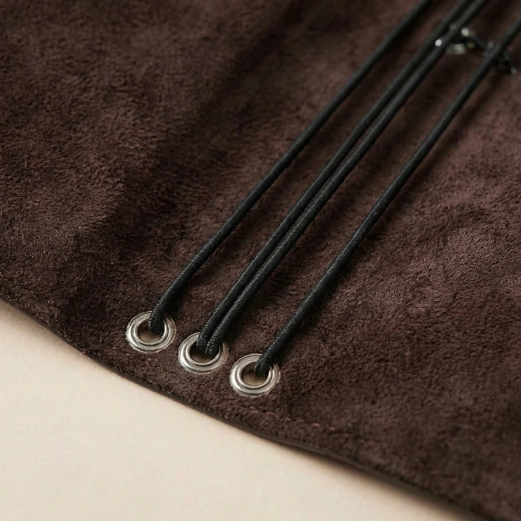 Close-up of black drawstrings with metal loops on a brown textured surface.