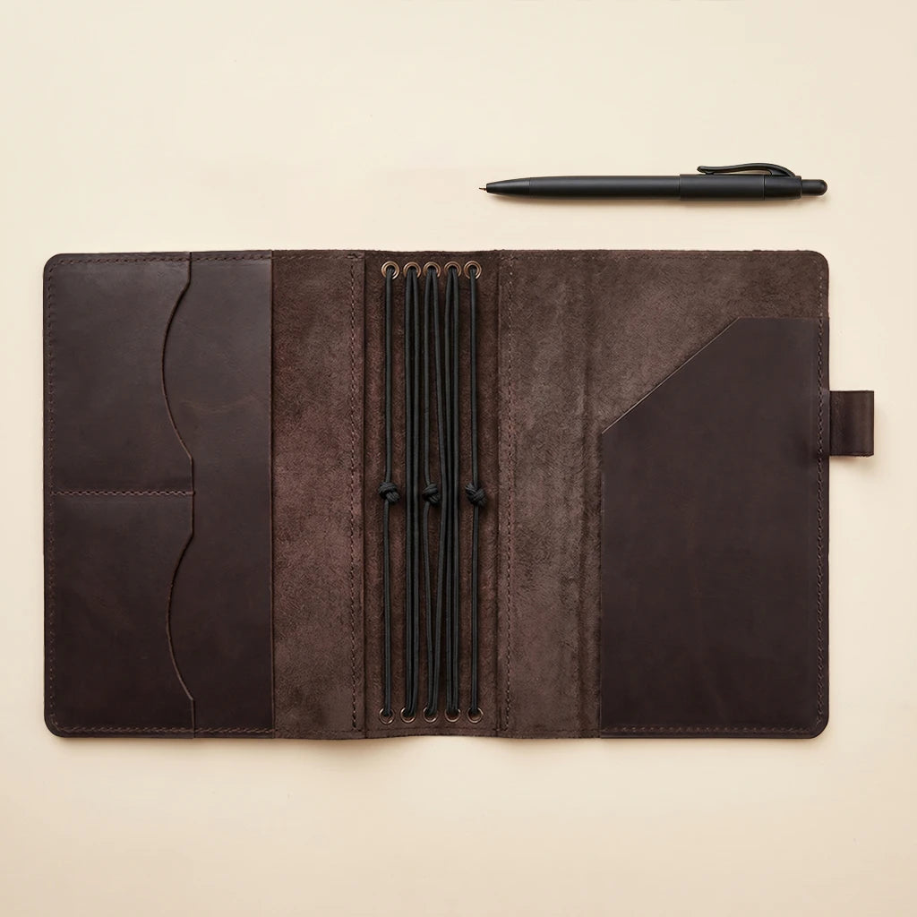 Leather notebook case with inner compartments and five elastic notebook supports