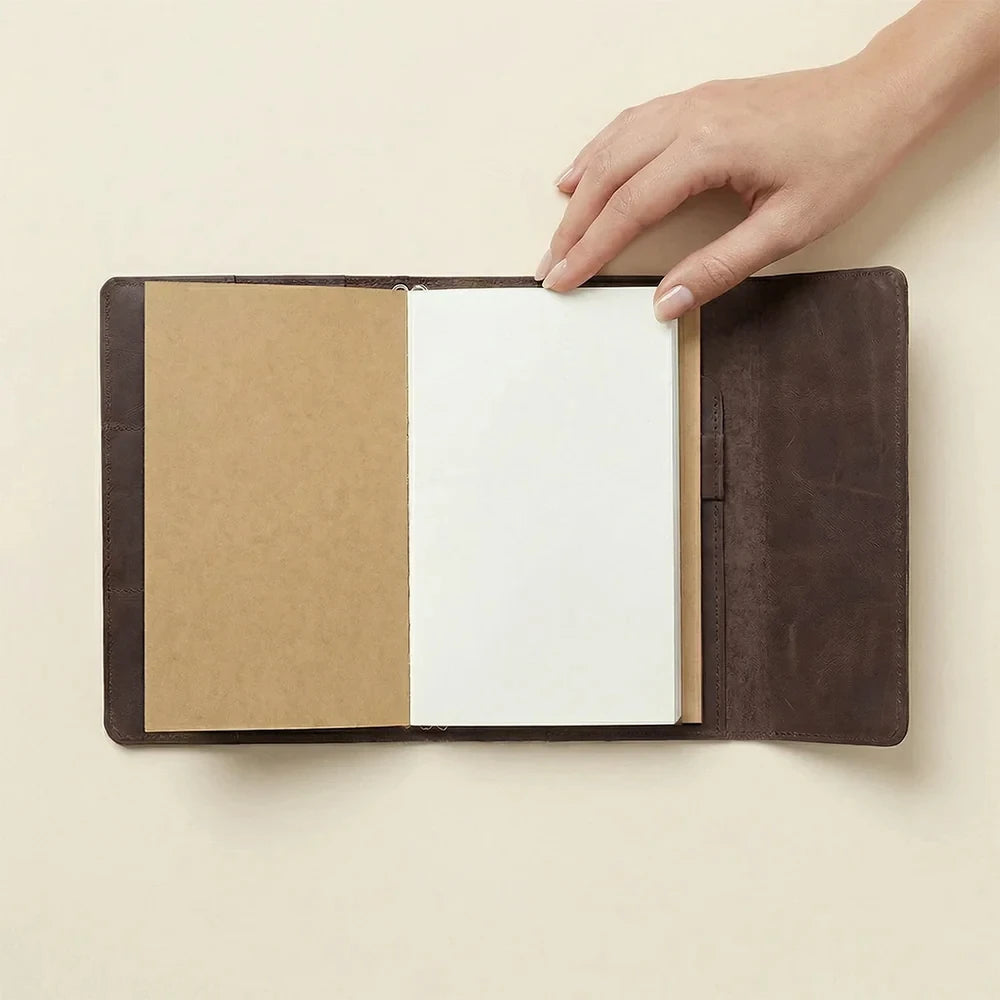 Brown leather planner cover featuring three elastic bands and convenient interior storage pockets.