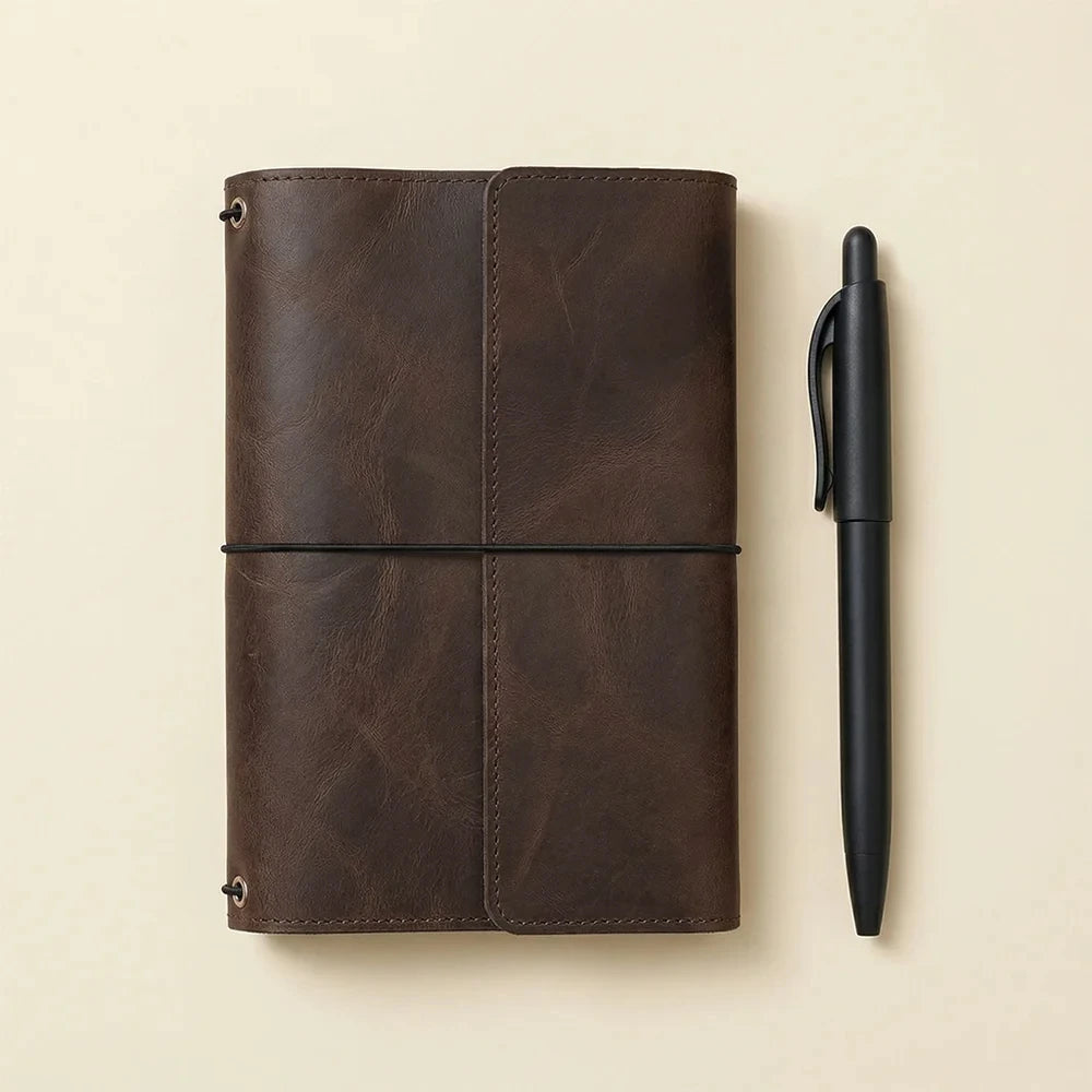 Refillable brown leather journal cover with three elastic bands and multiple inner pockets.
