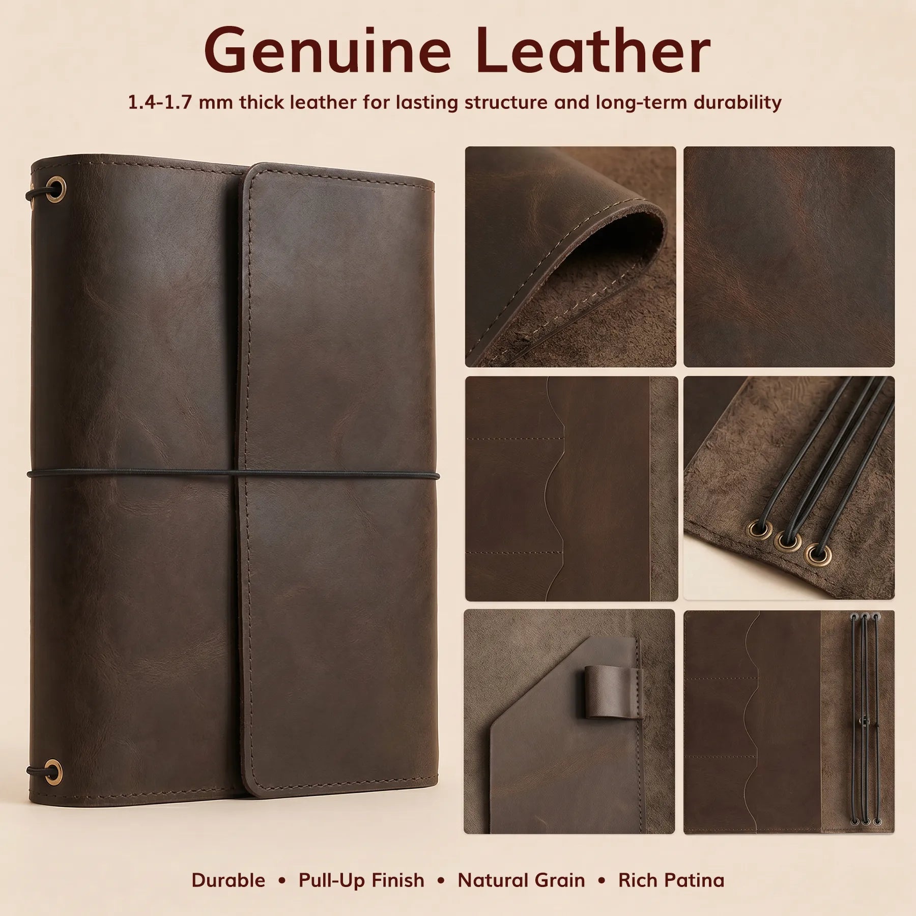 Handmade refillable leather journal cover with storage pockets and personalization