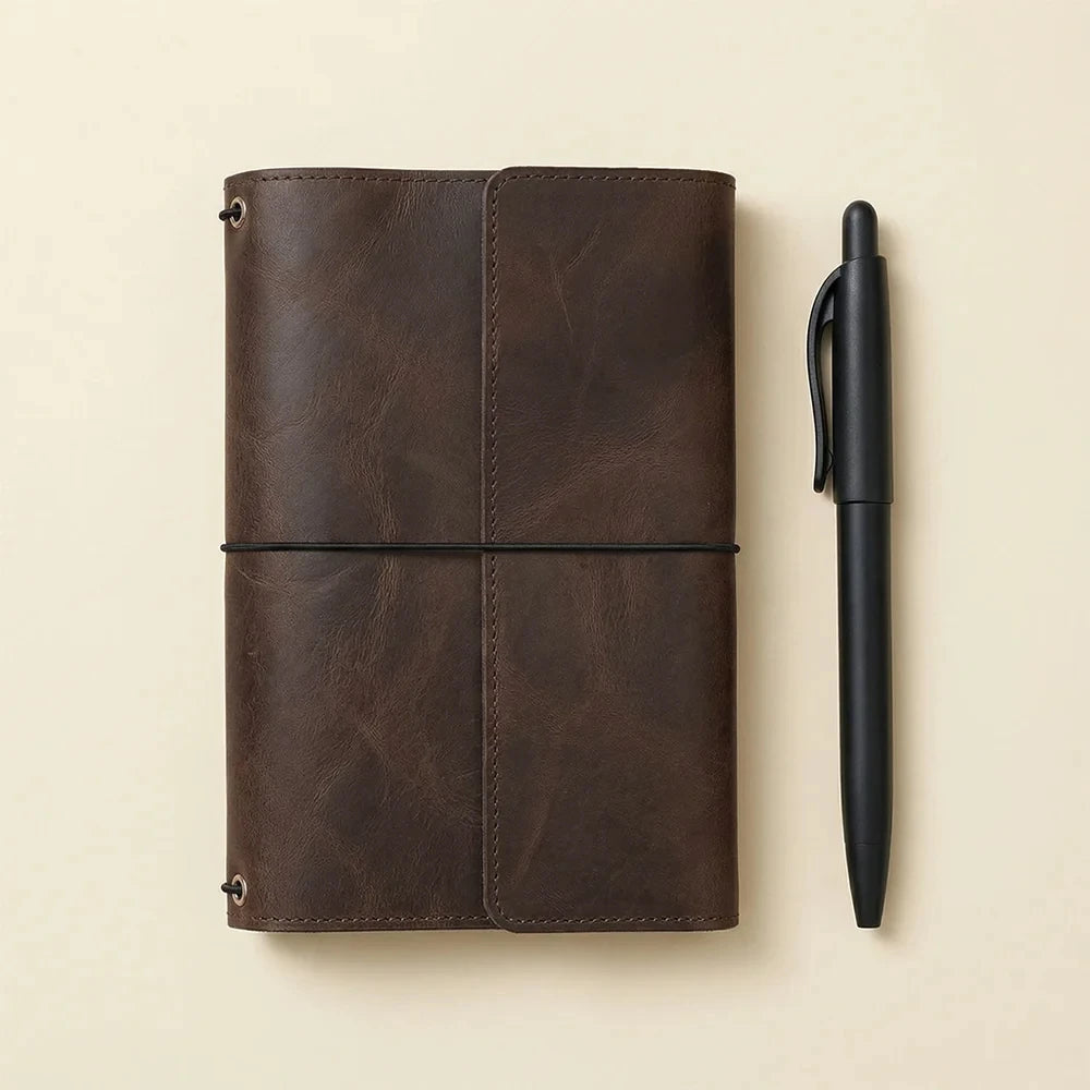 Brown refillable leather notebook cover with three elastic bands and practical interior compartments.