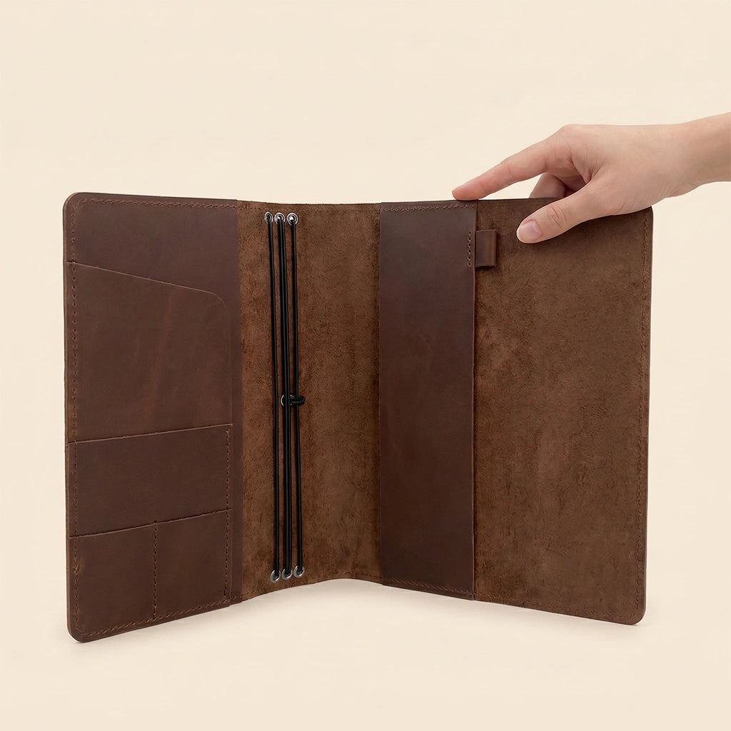 Leather journal organizer made from natural leather with timeless handcrafted finishing touches.