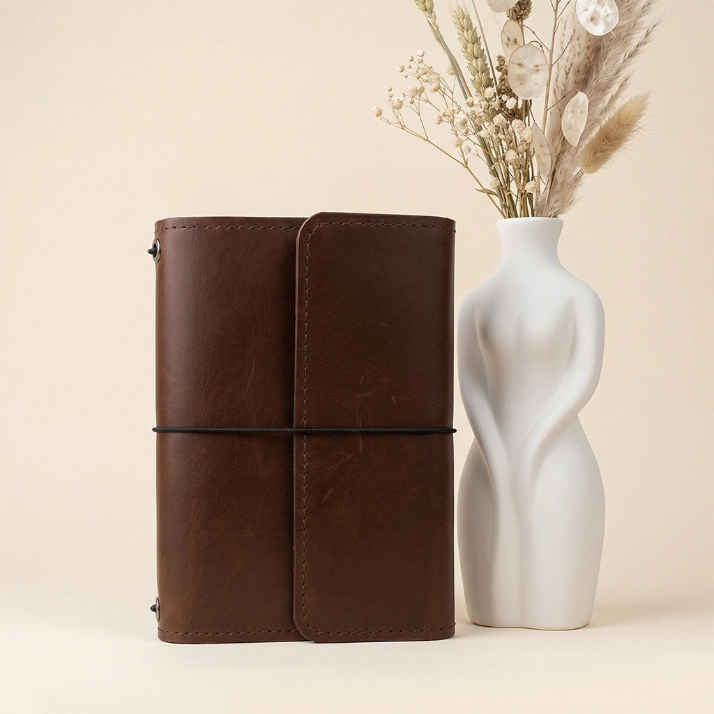 Premium handcrafted notebook cover made from natural leather with practical organizer layout.