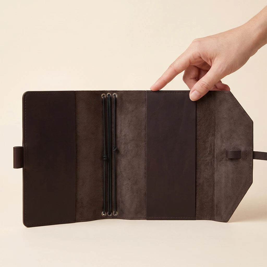 Leather notebook cover with elastic straps and dedicated loop for carrying a pen.