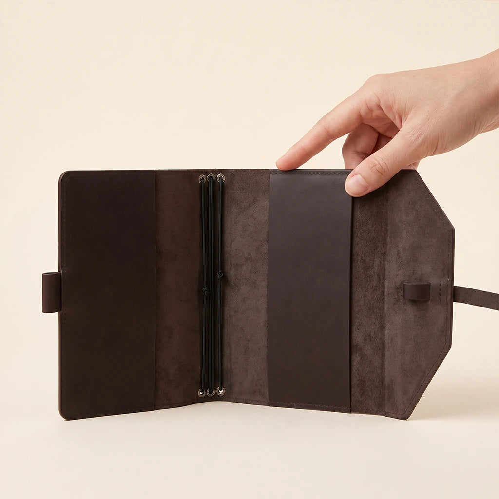 Handmade leather journal cover with practical elastic bands and pen loop.
