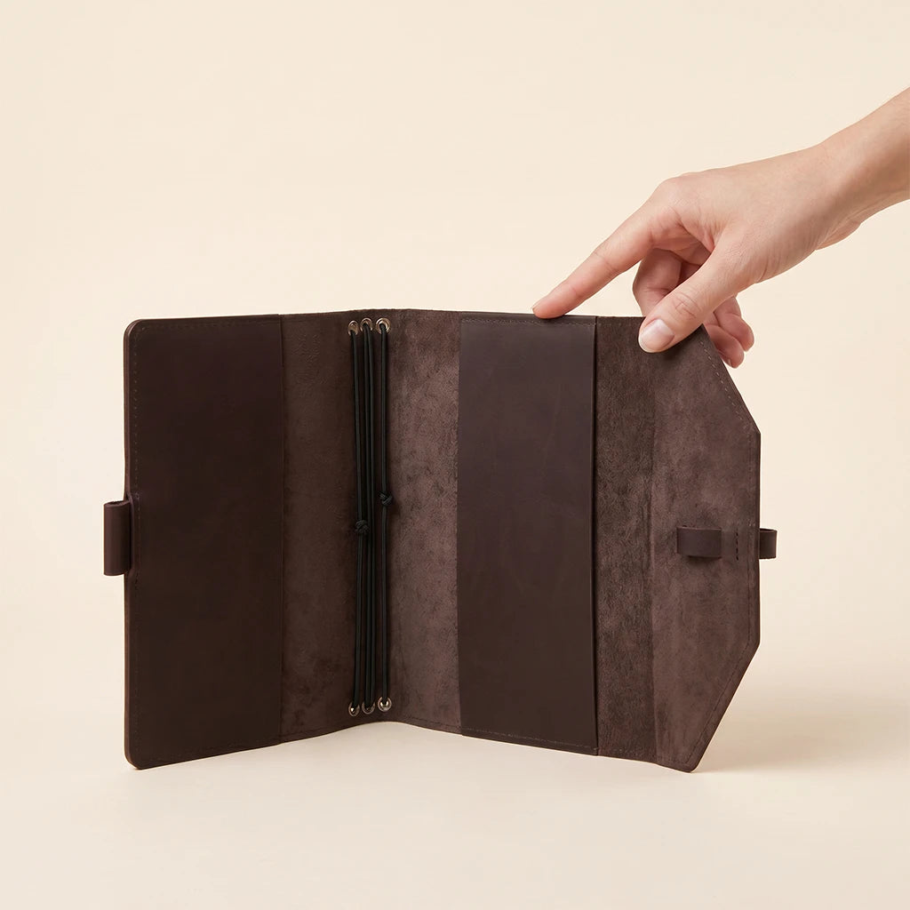 Rustic notebook cover crafted from leather with pen holder and elastics.