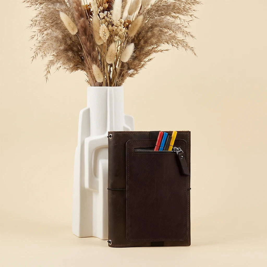 Leather storage pocket for notebook accessories and loose papers