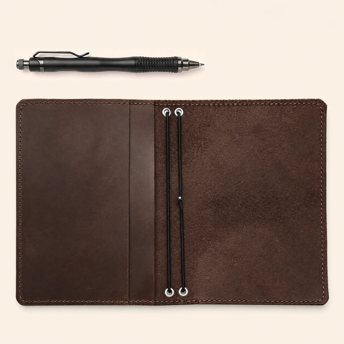 Premium natural leather notebook cover with useful pockets and secure elastic closures