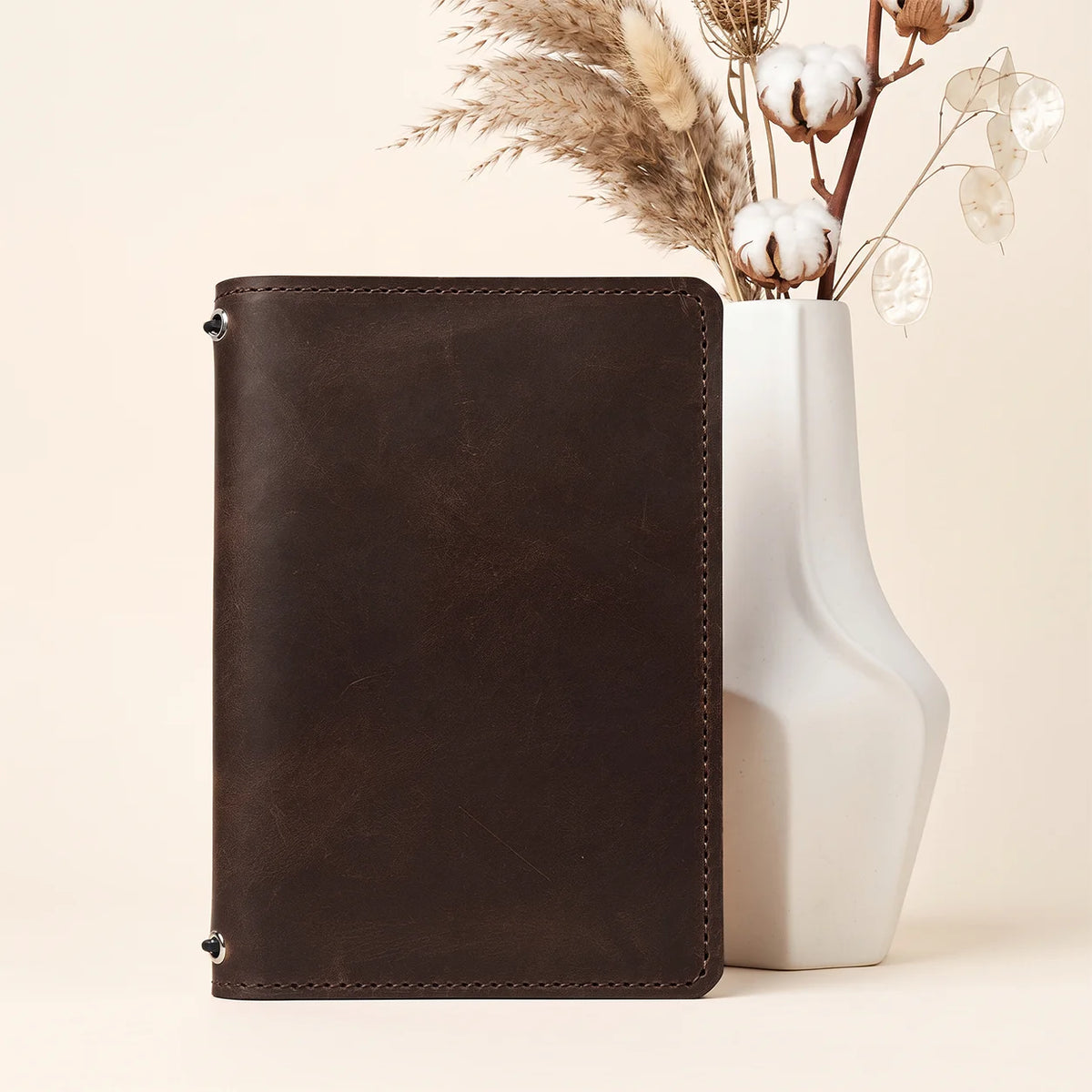 First grade natural leather journal cover with two bands and organized pockets