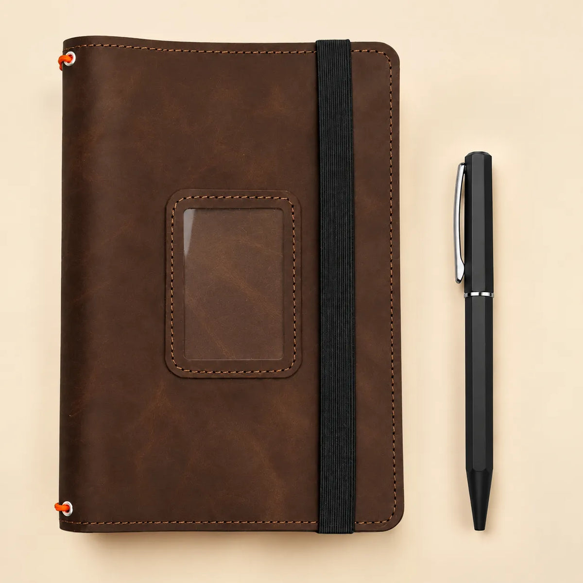 Handmade Crazy Horse leather notebook sleeve with distinctive grain and natural color variations.