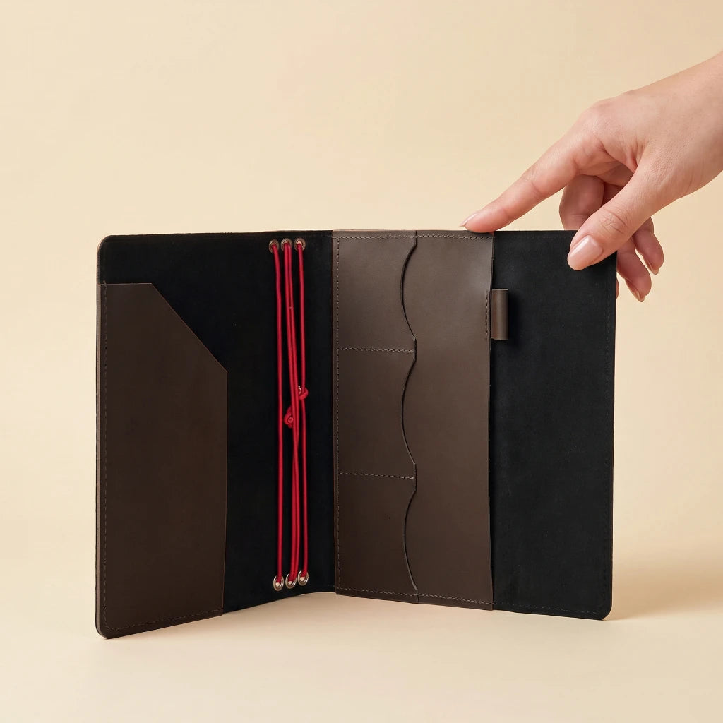 Leather journal sleeve with elastic straps and organized compartment interior