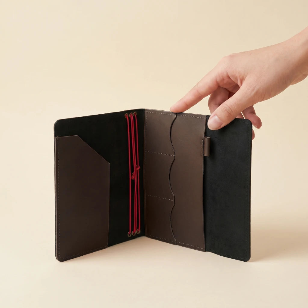 Premium leather notebook cover with elastic bands and handcrafted details