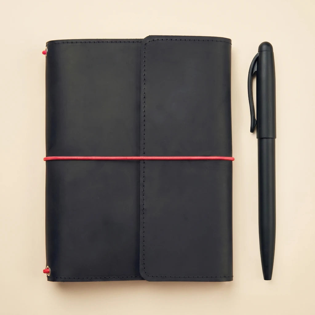 Leather diary cover with elastic bands and minimalist handmade design